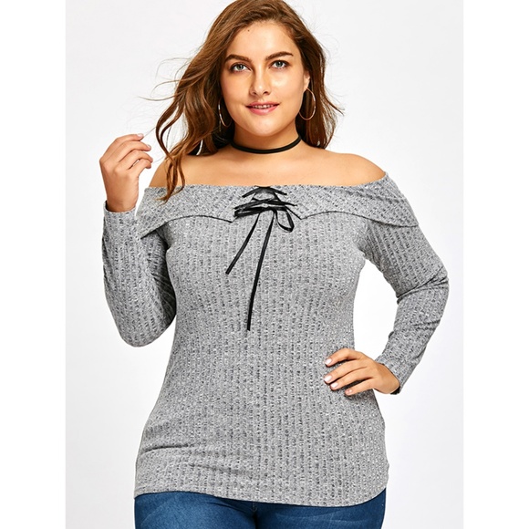 Plus Size Off Shoulder Ribbed Gray Ribbon Top - Picture 2 of 8
